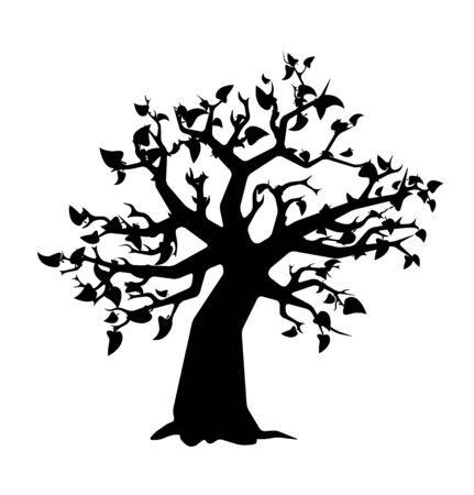 Black tree with leaves silhouette on whiteのイラスト素材