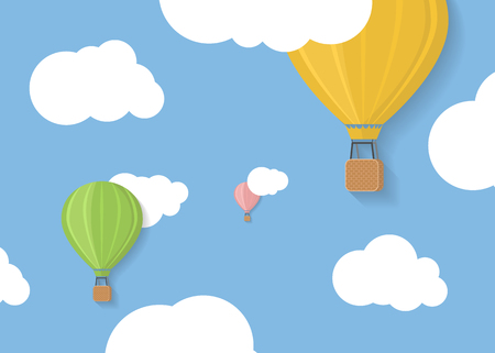 Three coloured aerostats in blue skies with clouds illustrationのイラスト素材