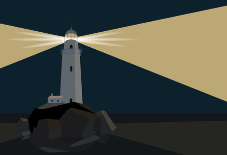 Lighthouse with barn on rocks by the sea, night time, flat illustrationのイラスト素材