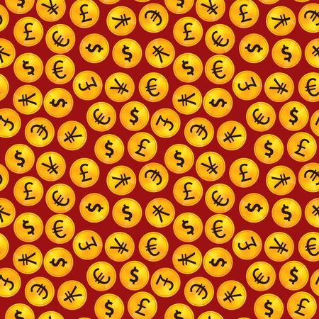 A lot of golden coins with main worlds currency signs on red background seamless patternのイラスト素材