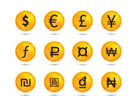 Golden coins with main worlds currency signs, icons isolated on whiteのイラスト素材