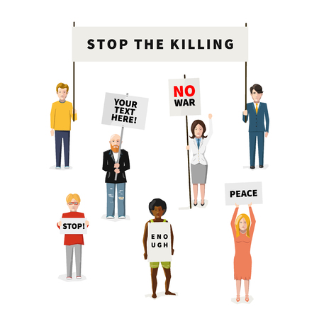 Set of seven demonstrators flat people with different type of banners isolated on whiteのイラスト素材
