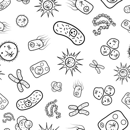 Biology cells, bacteria and viruses on white, seamless patternの写真素材