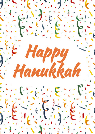 Happy Hanukkah card cover with exploding party popper, colorful serpentine and confetti on backgroundのイラスト素材