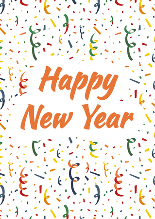 Happy New Year card cover with exploding party popper, colorful serpentine and confetti on backgroundのイラスト素材