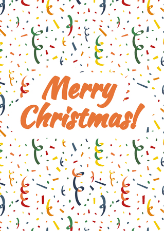 Merry Christmas card cover with exploding party popper, colorful serpentine and confetti on backgroundのイラスト素材