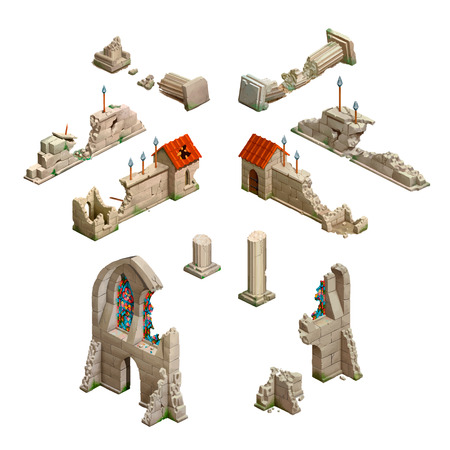 Big set of medieval buildings, isometric game art isolated on whiteのイラスト素材