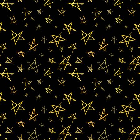 Golden hand-drawn stars on dark night sky, seamless patternのイラスト素材