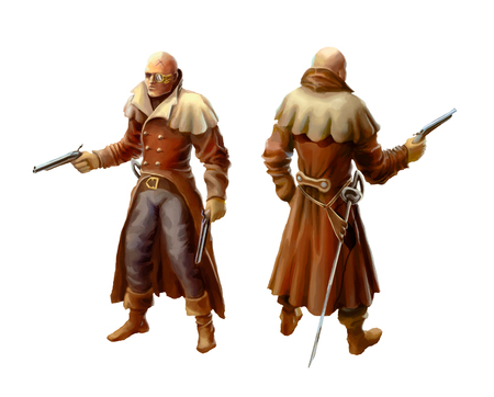 Victorian character in coat with guns, isolated on whiteのイラスト素材