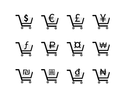 Shopping carts icons with main currency signs inside, isolated on whiteのイラスト素材