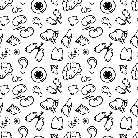 Black outline human internal organs on white, seamless patternのイラスト素材