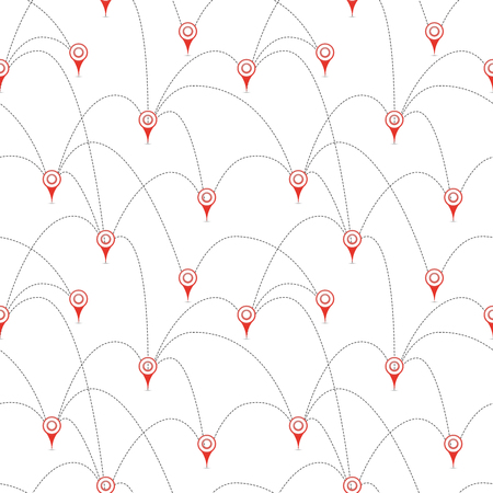 Red map pins with routes isolated on white, seamless patternのイラスト素材
