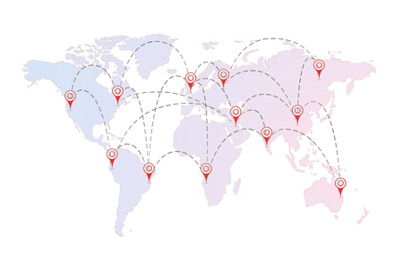 Air routes between cities with red pins on the world map on whiteのイラスト素材