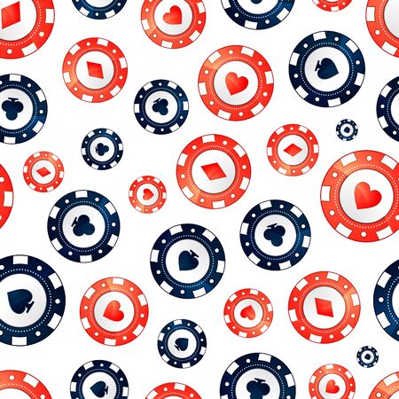 Casino chips with card suits symbols isolated on white, seamless patternのイラスト素材