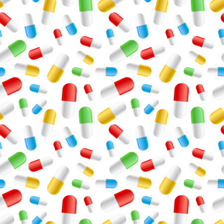 A lot of colourful pills capsules on white, seamless patternのイラスト素材