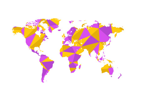 Violet and yellow triangulated world map isolated on whiteのイラスト素材