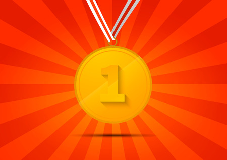 Golden medal for first place on red striped backgroundのイラスト素材