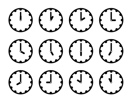 Set of clock faces simple black icons for every hour isolated on whiteのイラスト素材