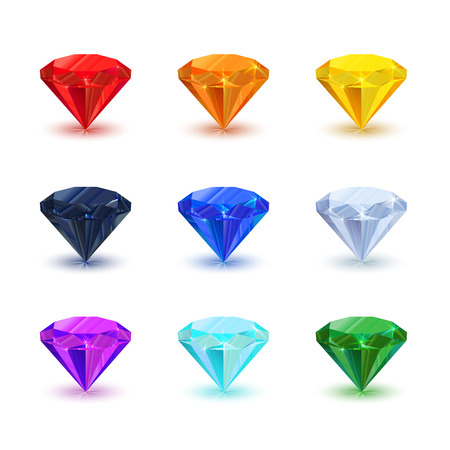 Set of bright shiny gemstone isolated on white. Diamond, sapphire, ruby, emerald, and other.のイラスト素材