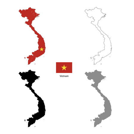 Vietnam country black silhouette and with flag on background, isolated on whiteのイラスト素材