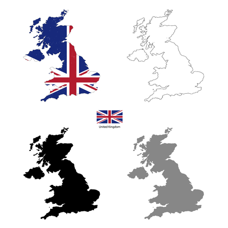 United Kingdom country black silhouette and with flag on background, isolated on whiteのイラスト素材