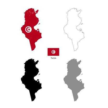 Tunisia country black silhouette and with flag on background, isolated on whiteのイラスト素材