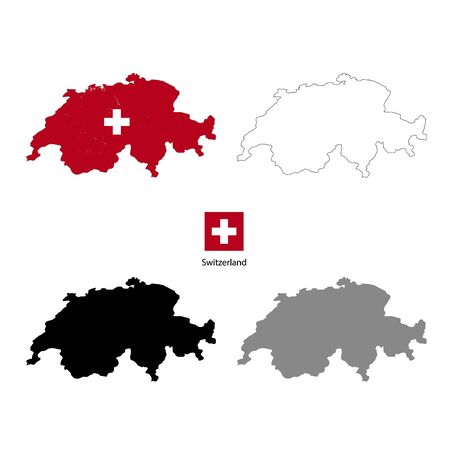 Switzerland country black silhouette and with flag on background, isolated on whiteのイラスト素材