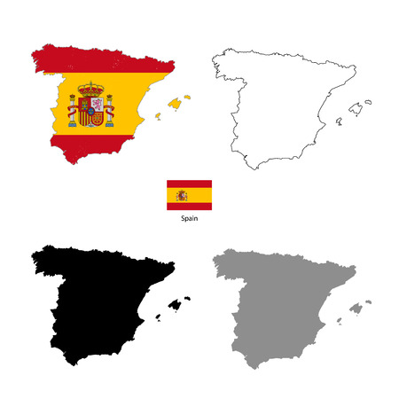 Spain country black silhouette and with flag on background, isolated on whiteのイラスト素材