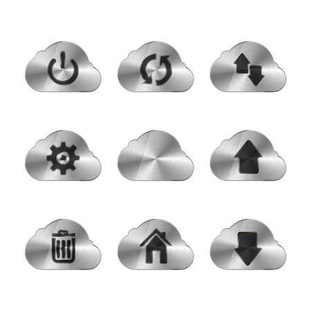 Set of nine metal cloud icons with different interface signs, isolated on whiteのイラスト素材