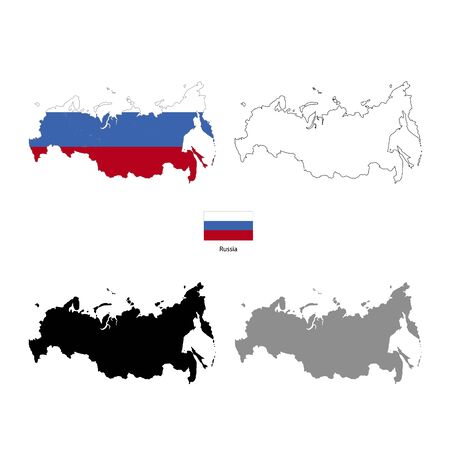 Russia country black silhouette and with flag on background, isolated on whiteのイラスト素材