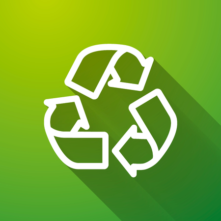 Recycling white icon with long shadow on green background, ecology flat illustrationのイラスト素材