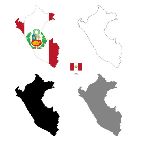 Peru country black silhouette and with flag on background, isolated on whiteのイラスト素材