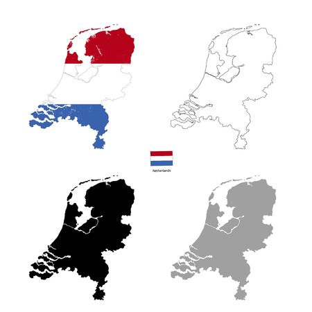 Netherlands country black silhouette and with flag on background, isolated on whiteのイラスト素材