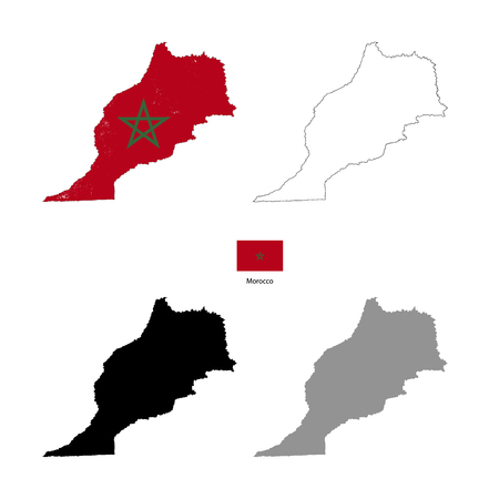 Morocco country black silhouette and with flag on background, isolated on whiteのイラスト素材