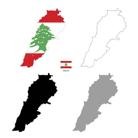 Lebanon country black silhouette and with flag on background, isolated on whiteのイラスト素材