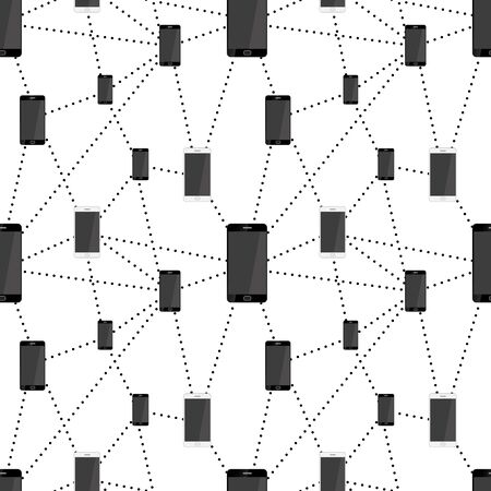 Mobile smartphones in black and white colors connected in network, seamless patternのイラスト素材