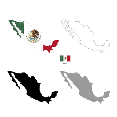Mexico country black silhouette and with flag on background, isolated on whiteのイラスト素材