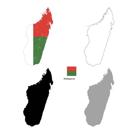 Madagascar country black silhouette and with flag on background, isolated on whiteのイラスト素材