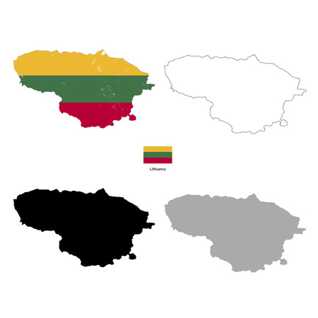 Lithuania country black silhouette and with flag on background, isolated on whiteのイラスト素材