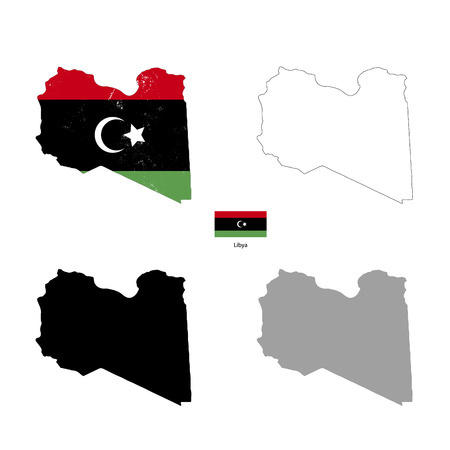 Libya country black silhouette and with flag on background, isolated on whiteのイラスト素材