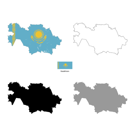 Kazakhstan country black silhouette and with flag on background, isolated on whiteのイラスト素材