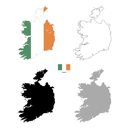 Ireland country black silhouette and with flag on background, isolated on whiteのイラスト素材