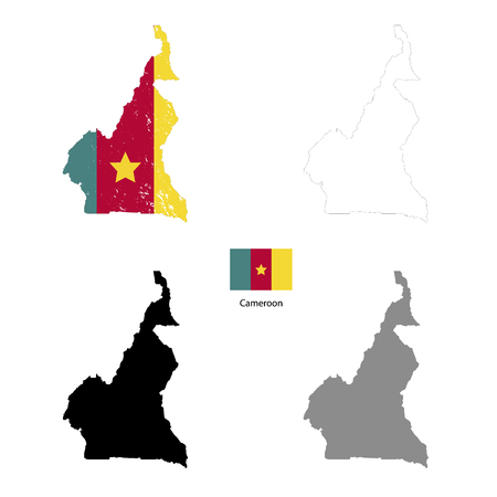 Cameroon country black silhouette and with flag on background, isolated on whiteのイラスト素材