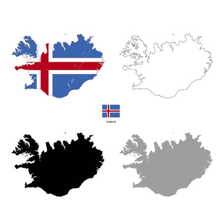 Iceland country black silhouette and with flag on background, isolated on whiteのイラスト素材