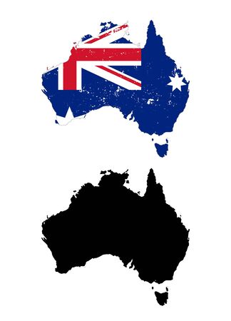 Australia country black silhouette and with flag on background, isolated on whiteのイラスト素材