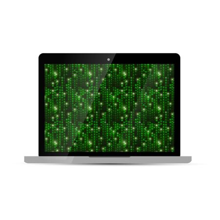 Glossy laptop with green matrix screen, isolated on whiteのイラスト素材