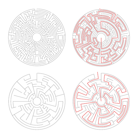 Two round mazes of medium complexity on white and solution with red pathsのイラスト素材