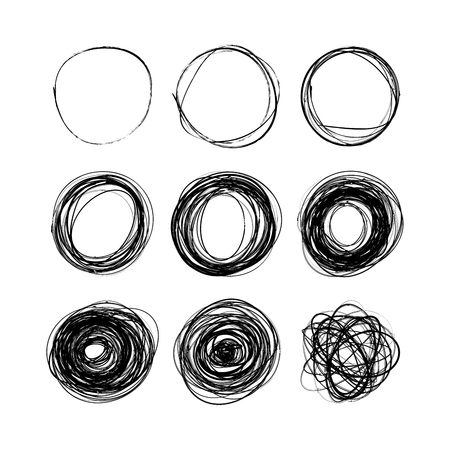 Set of nine hand drawn scribble circles isolated on whiteのイラスト素材