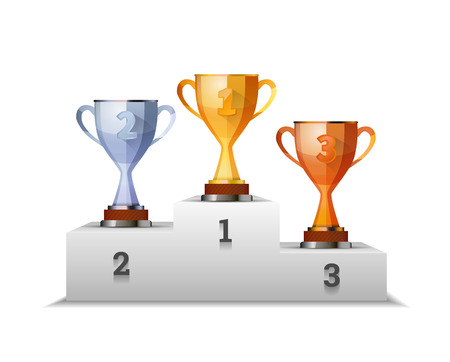 Cups of winners award on white podium isolated on whiteのイラスト素材