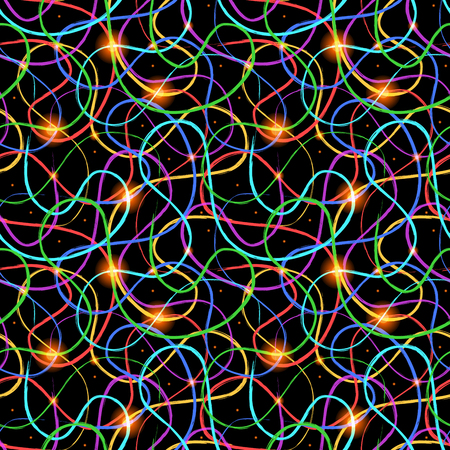 Bright colorful chaotic lines in the dark, seamless patternのイラスト素材
